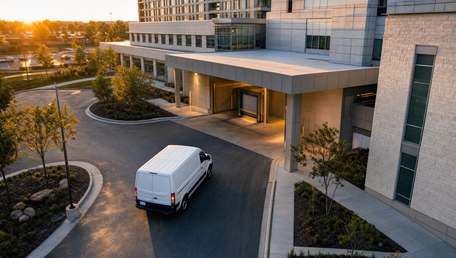 Cargo van pulling up to a modern hospital loading dock