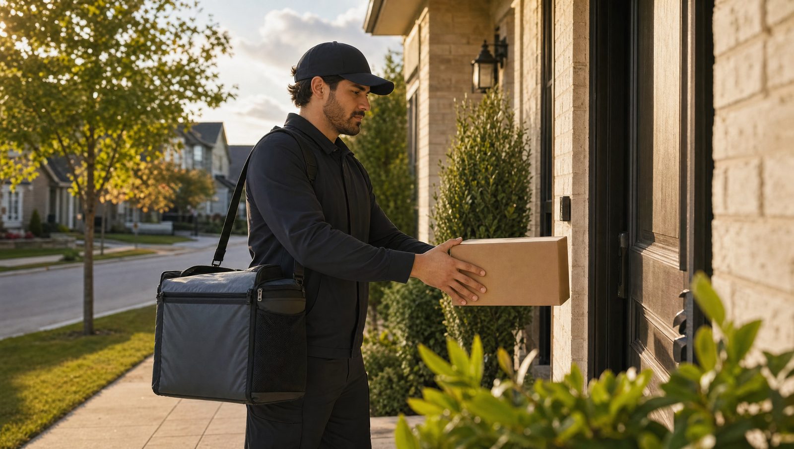 Medical courier delivering a pharmaceutical package to a patient's front door