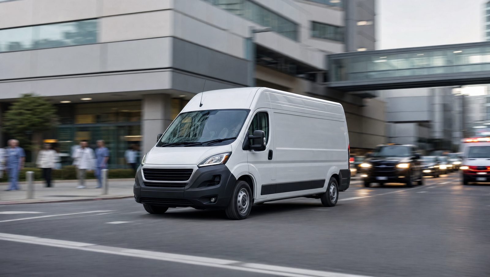 Delivery van navigating an urban healthcare district