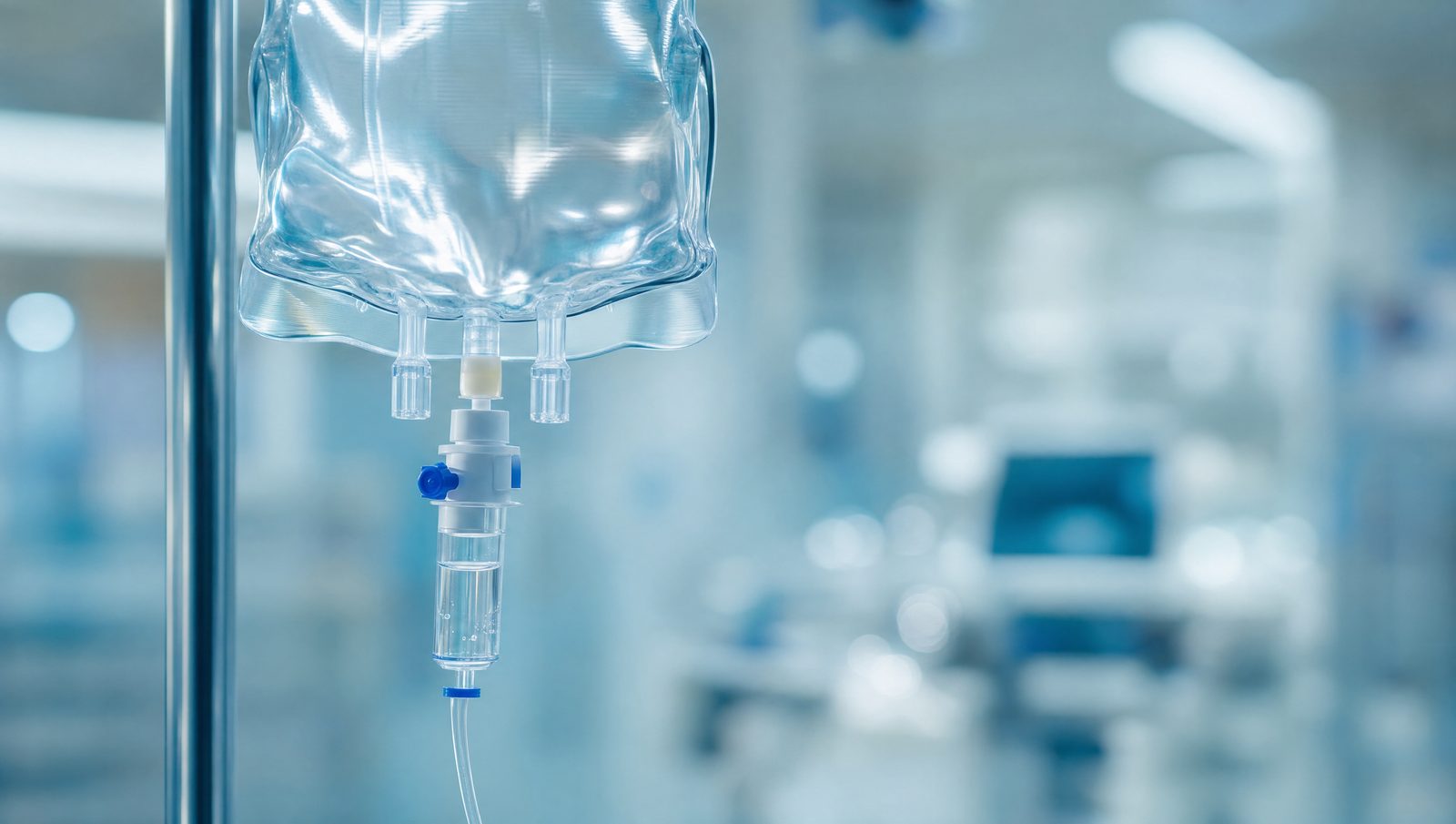 IV infusion bag and medical tubing in a clinical setting
