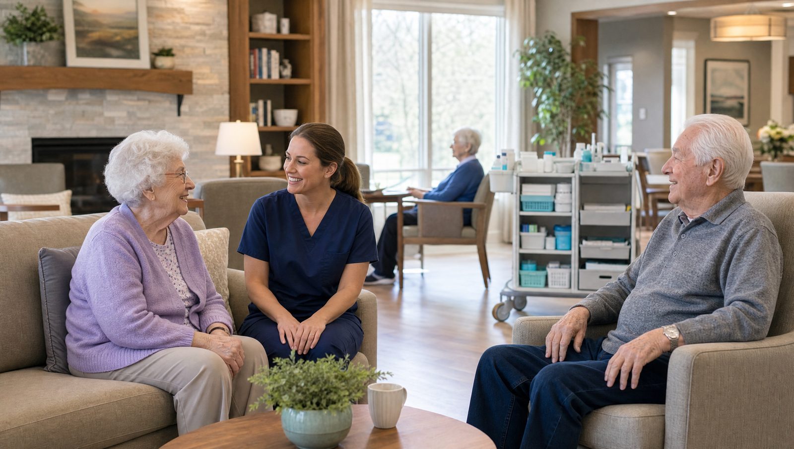 Long-term care facility common room with organized medical supply cart