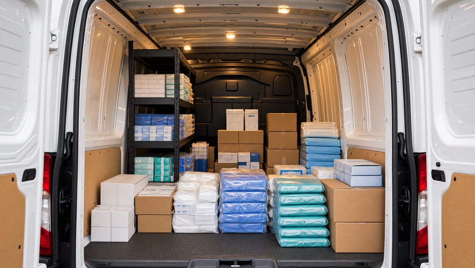 Organized medical packages stacked in a delivery van