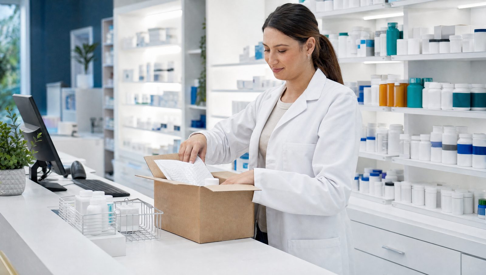 Pharmacist packaging a delivery in a clean modern pharmacy