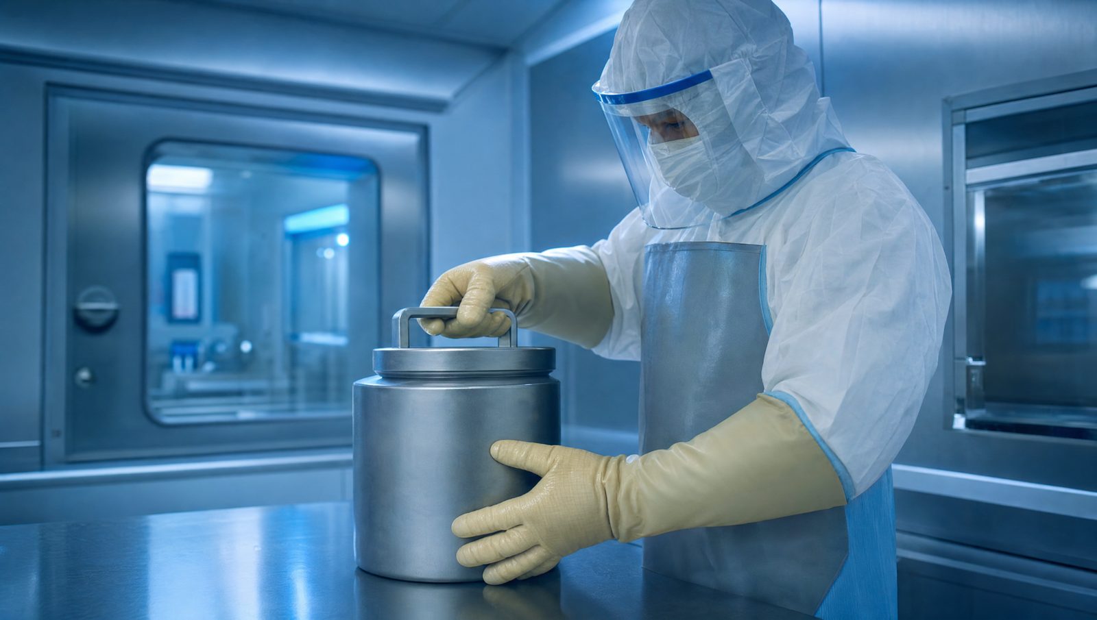 Specialized lead-lined pharmaceutical container handled with protective equipment
