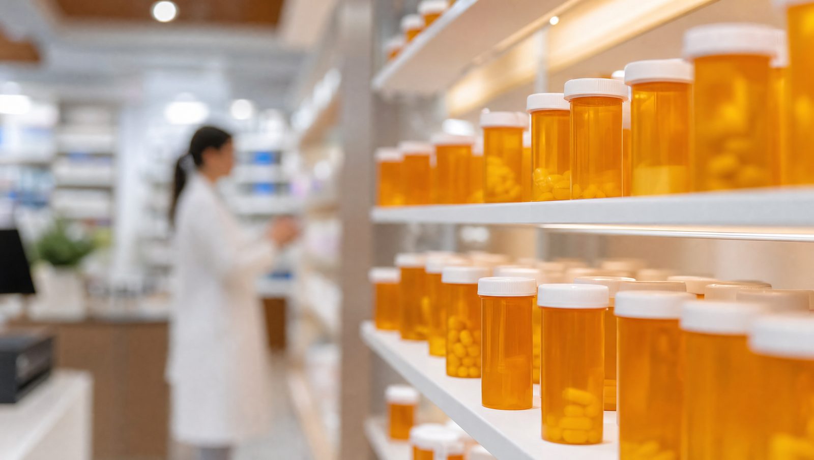 Clean organized pharmacy shelving with prescription bottles