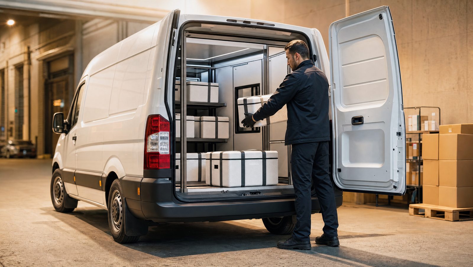 Medical courier loading temperature-controlled packages into a cargo van