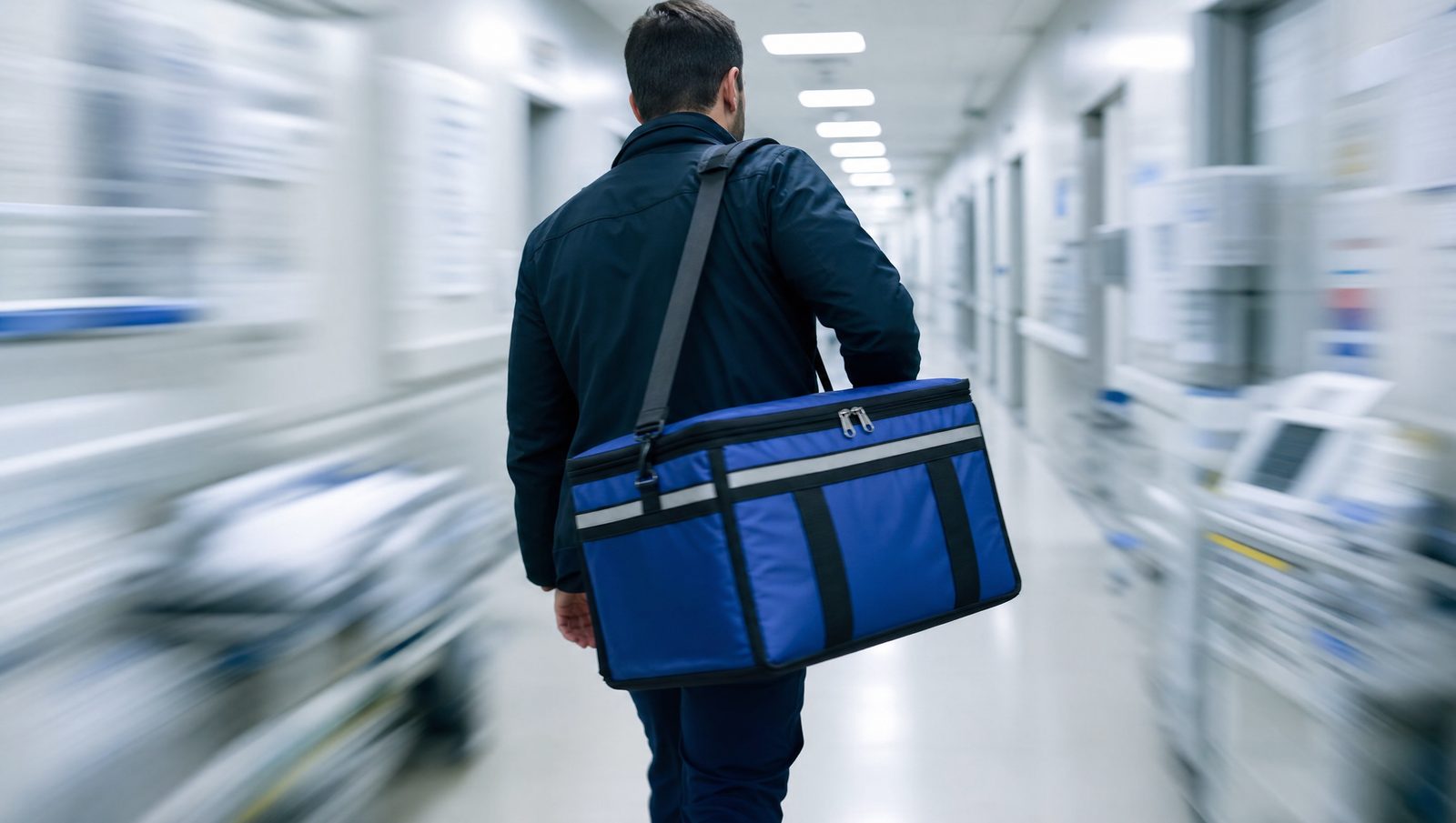 Medical courier moving quickly through a hospital corridor