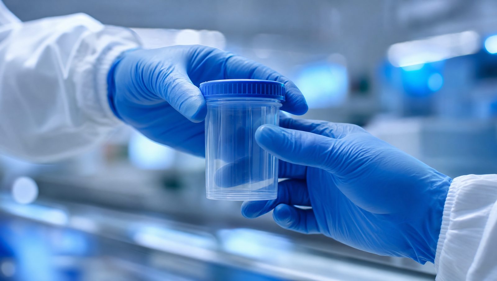 Sealed medical specimen container being handed off urgently under cool clinical lighting